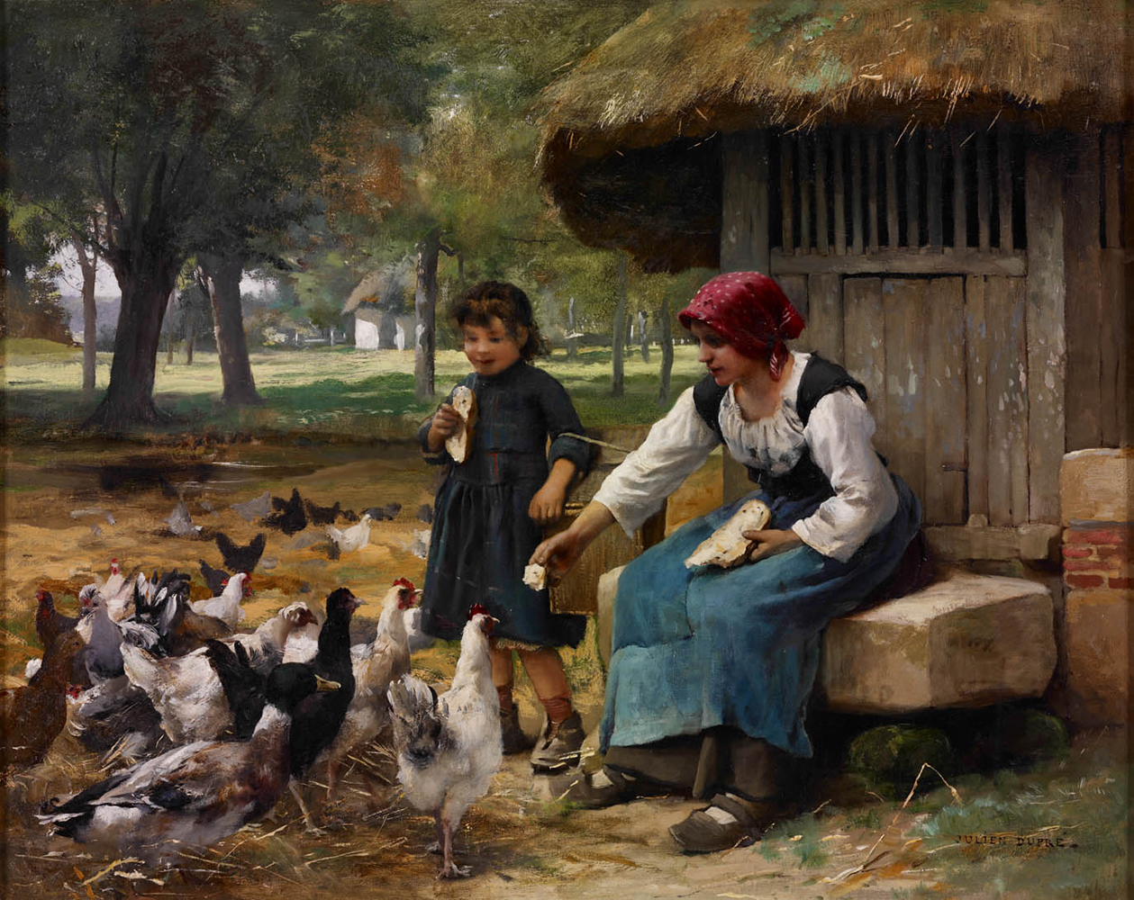 mother and child feeding poultry