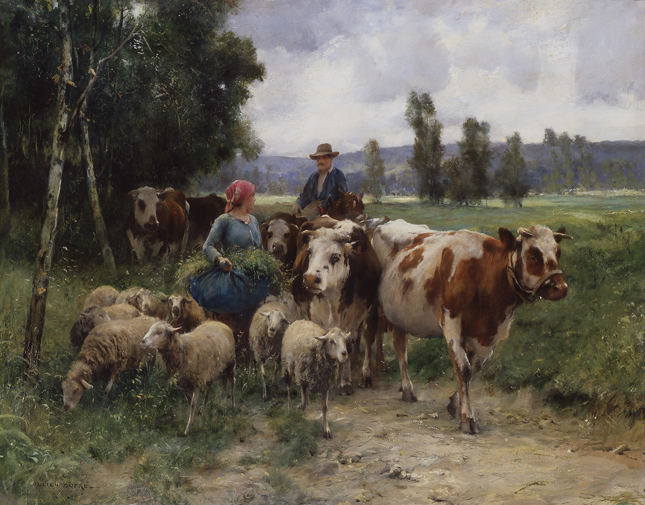 woman and man with sheep and cattle