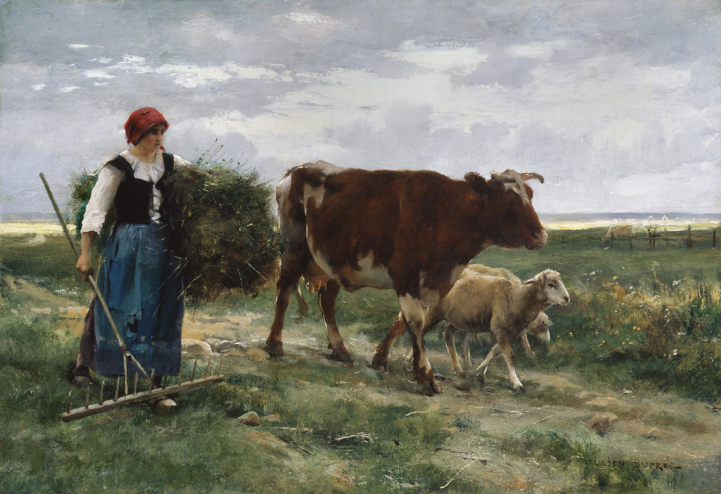 Shepherdess with a Cow and Sheep on a Path - Julien Dupre