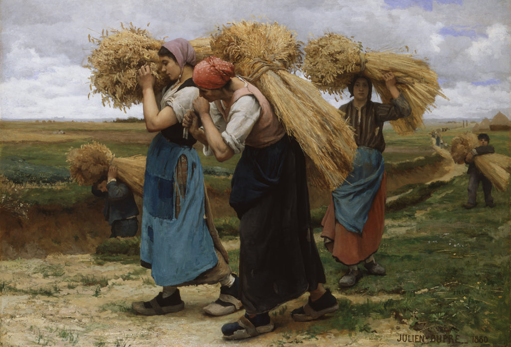 three woman carrying wheat one their shoulders and head - Glaneuse - Julien Dupre