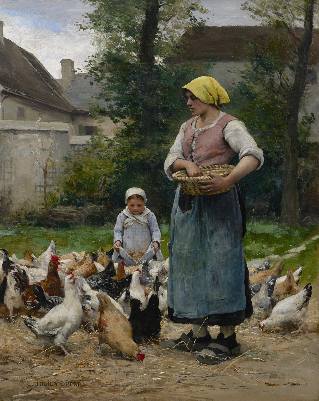 mother and daughter feeding chickens - Julien Dupré catalogue raisonné