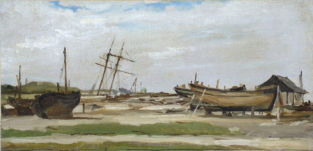 coastal landscape with boats on the shore